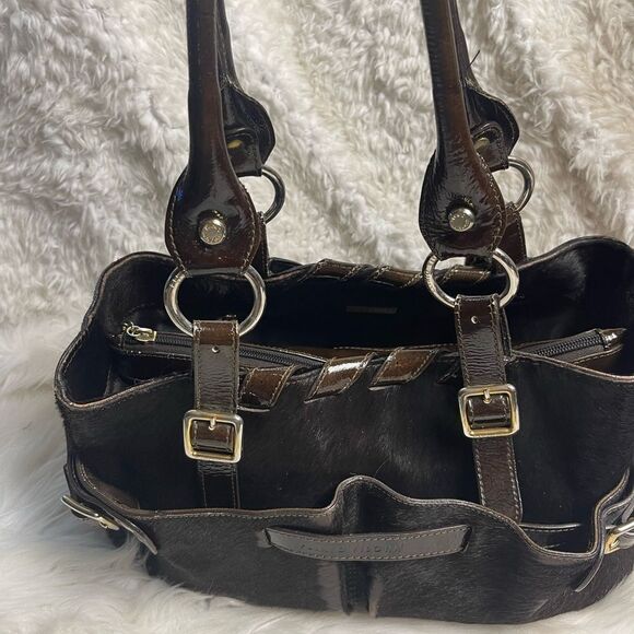 Plinio Visona  leather Brown Calf Hair Patent trims Shoulder Bag Gold Hardware - Picture 5 of 16